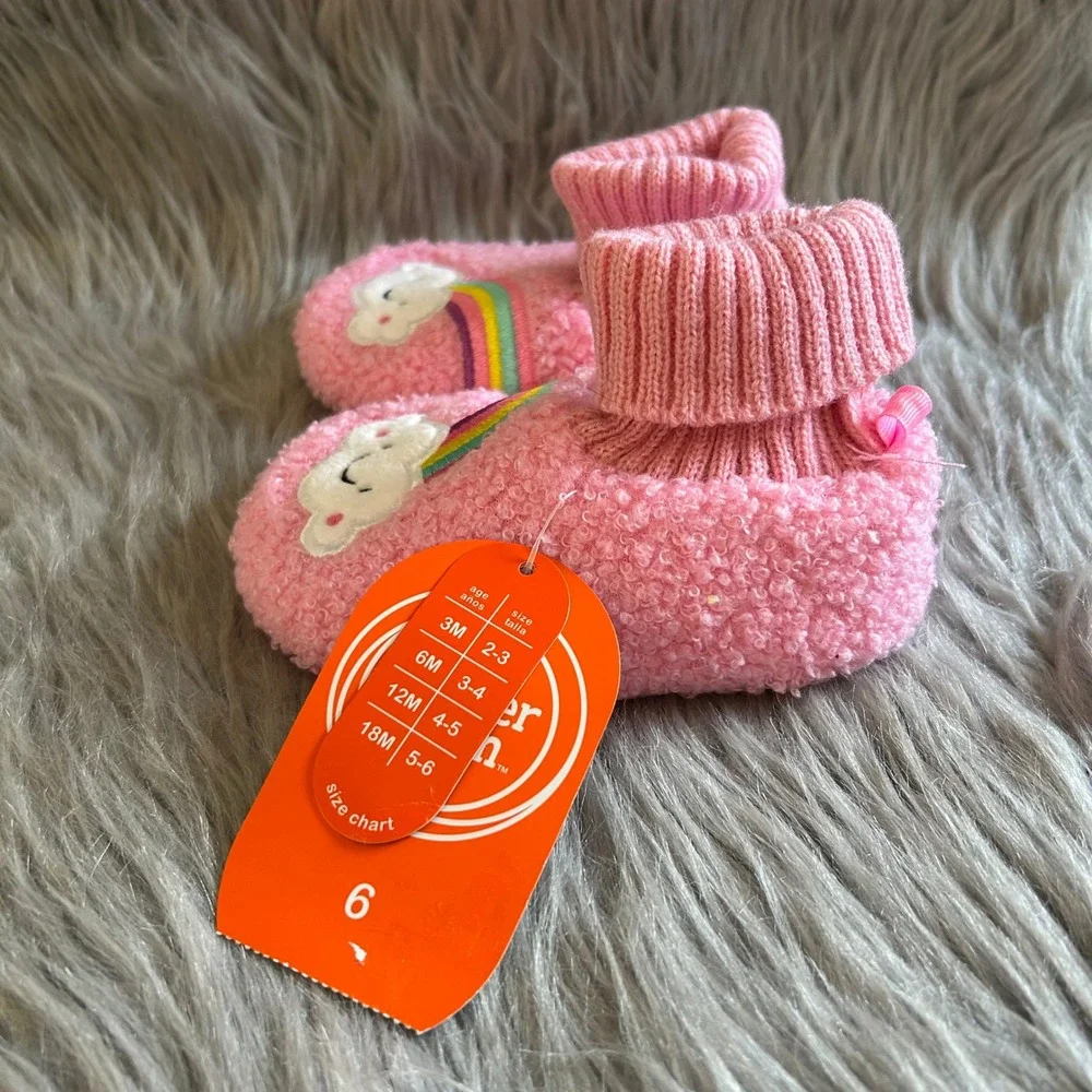 Wonder Nation Slippers Baby Girls Size 6 Pink Fuzzy Rainbow Shoes 18 Months NEW
